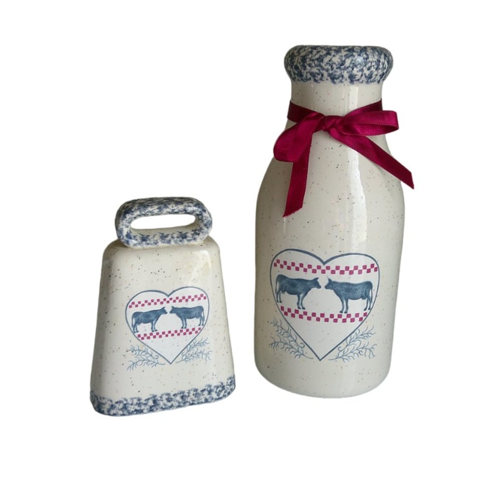 Antique Dairy Cow Vintage Milk Bottle & Cow Bell Rustic Kitchen Set